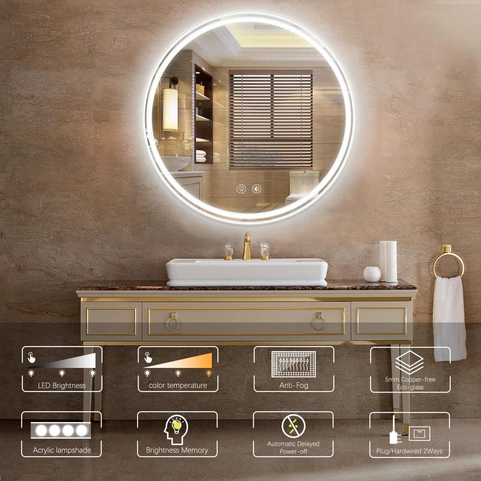 24" Round LED Bathroom Mirror with Dimmable Lighting and Anti-Fog Function