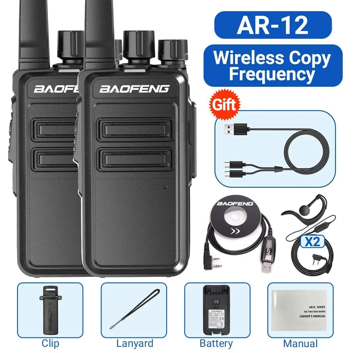 2PCS Baofeng AR-12 Mini Walkie Talkie Wireless Copy Frequency UHF 400-470MHz Type-C USB Long Range For BF-888S Two Way Ham Radio