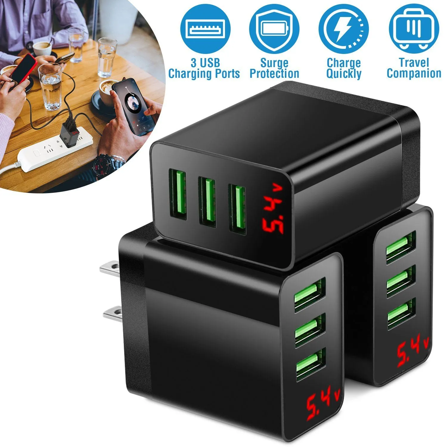 3-Pack: 3-Port USB Wall Charger