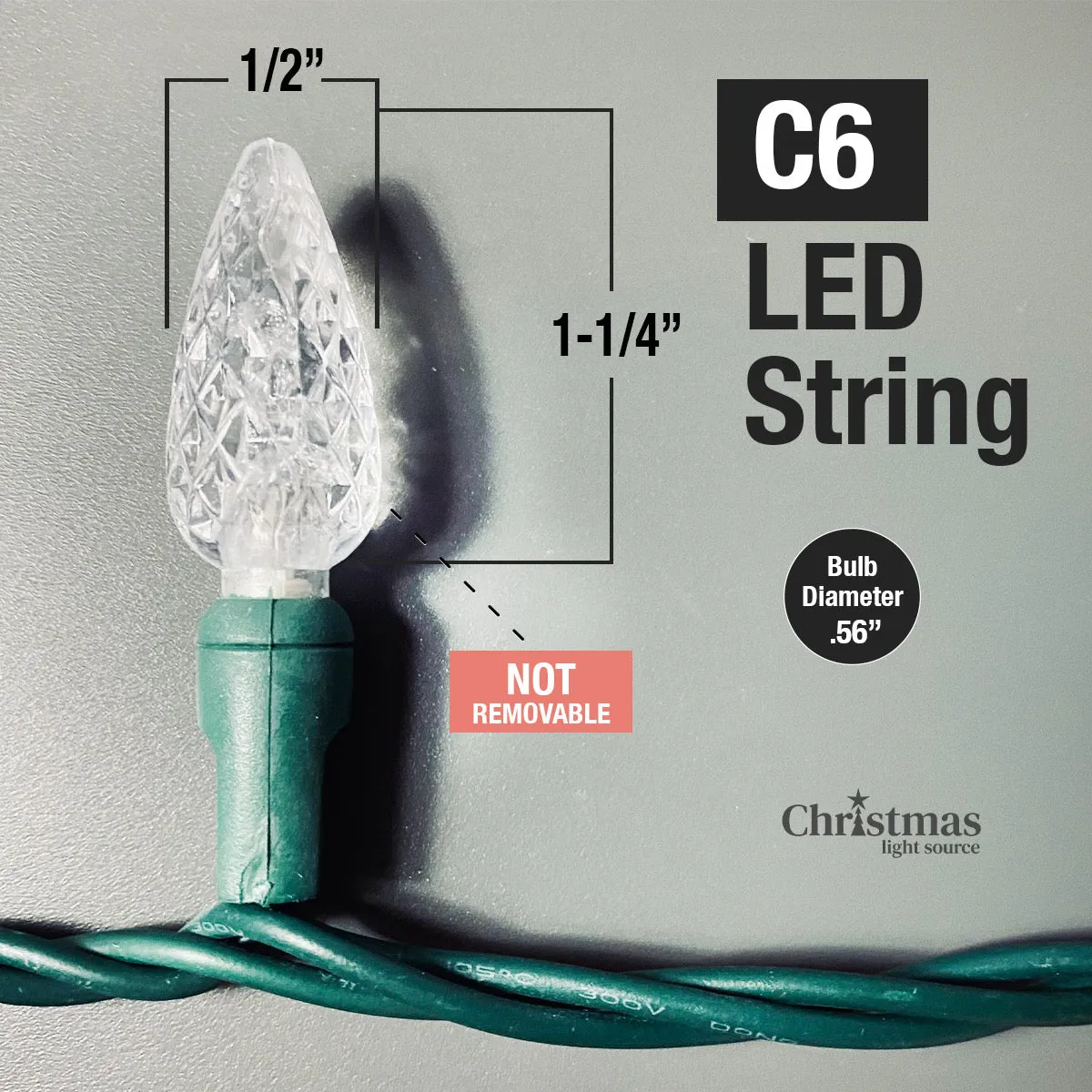 50-light  C6 Green LED Christmas Lights, 4" Spacing Green Wire