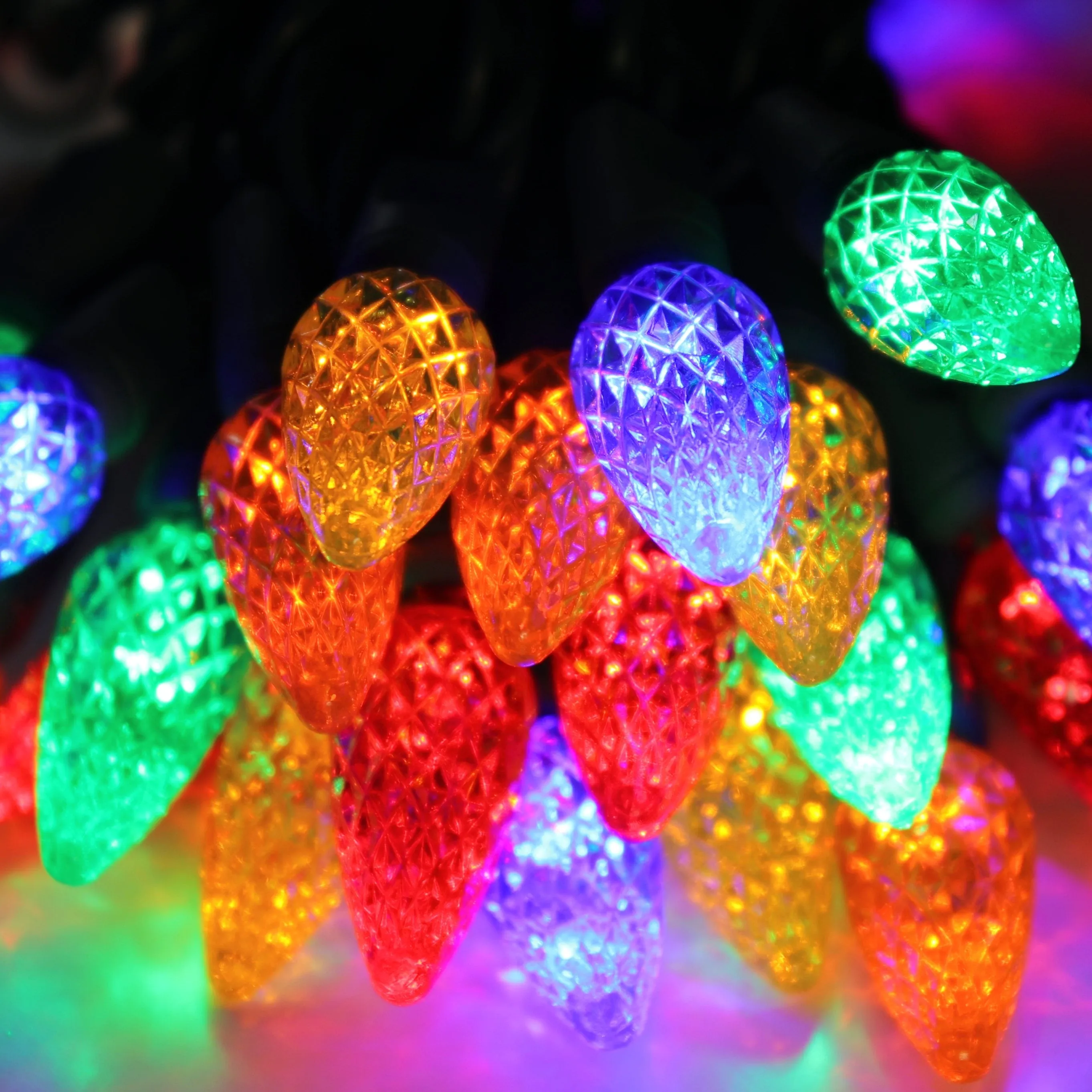 50-light  C6 Multicolor LED Christmas Lights, 4" Spacing Green Wire