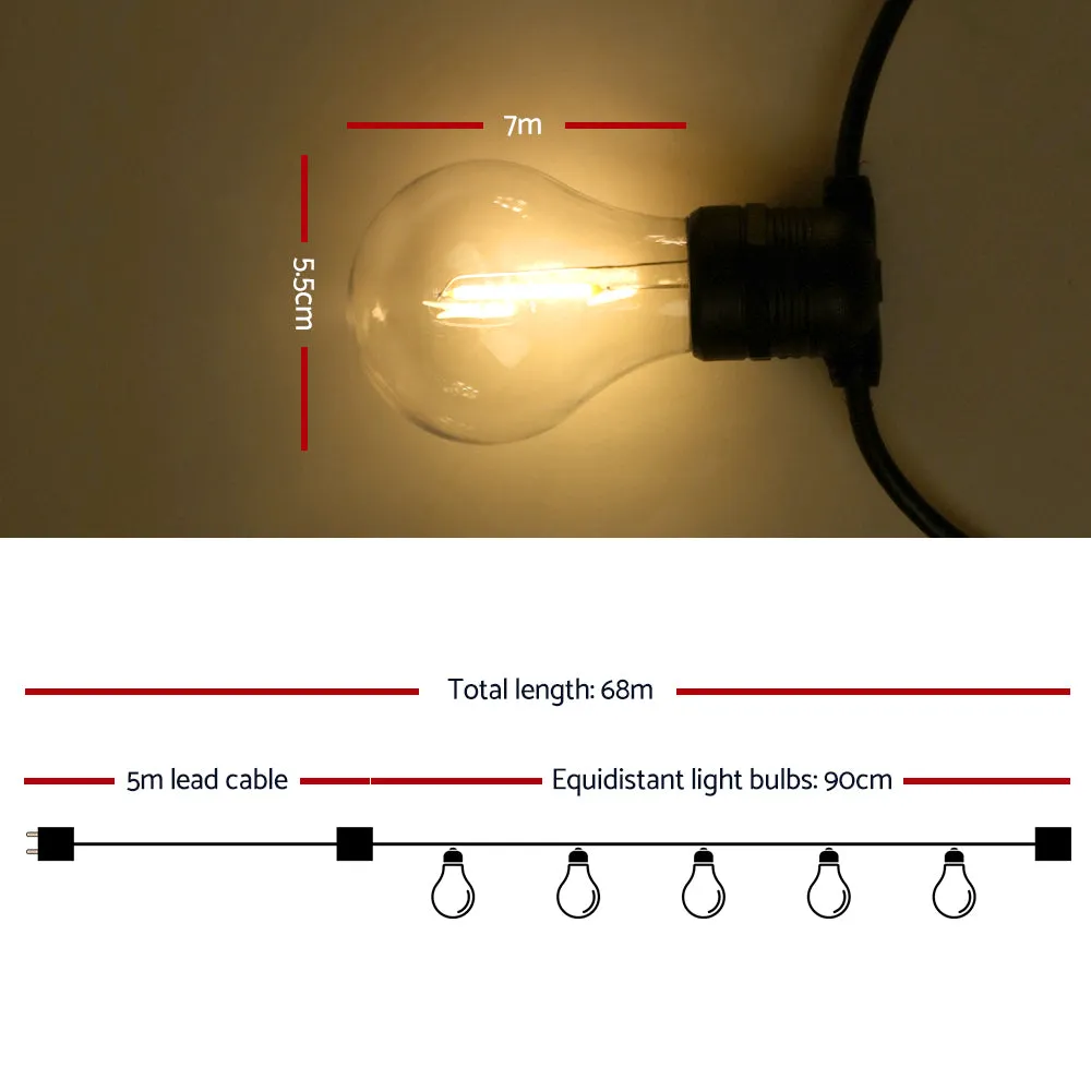 68m IP44 LED Festoon String Lights, 70 Bulbs - Lifespan 20,000 Hours, Waterproof, SAA Certified - Garden Party Wedding Outdoor Decorations