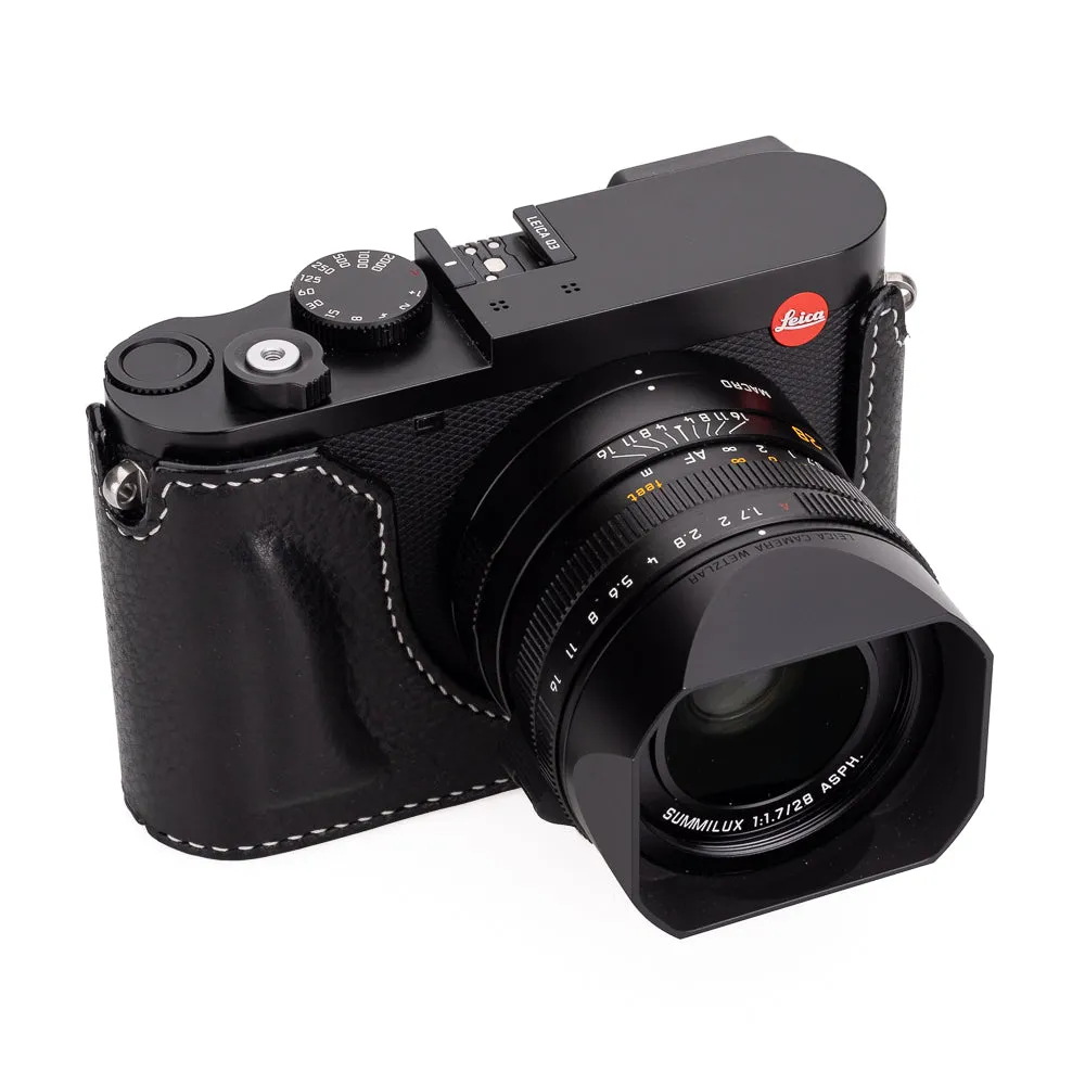 Arte di Mano Leica Q3 Half Case (Type 1-SD, Screw Secured) - Rally Black with White Stitching