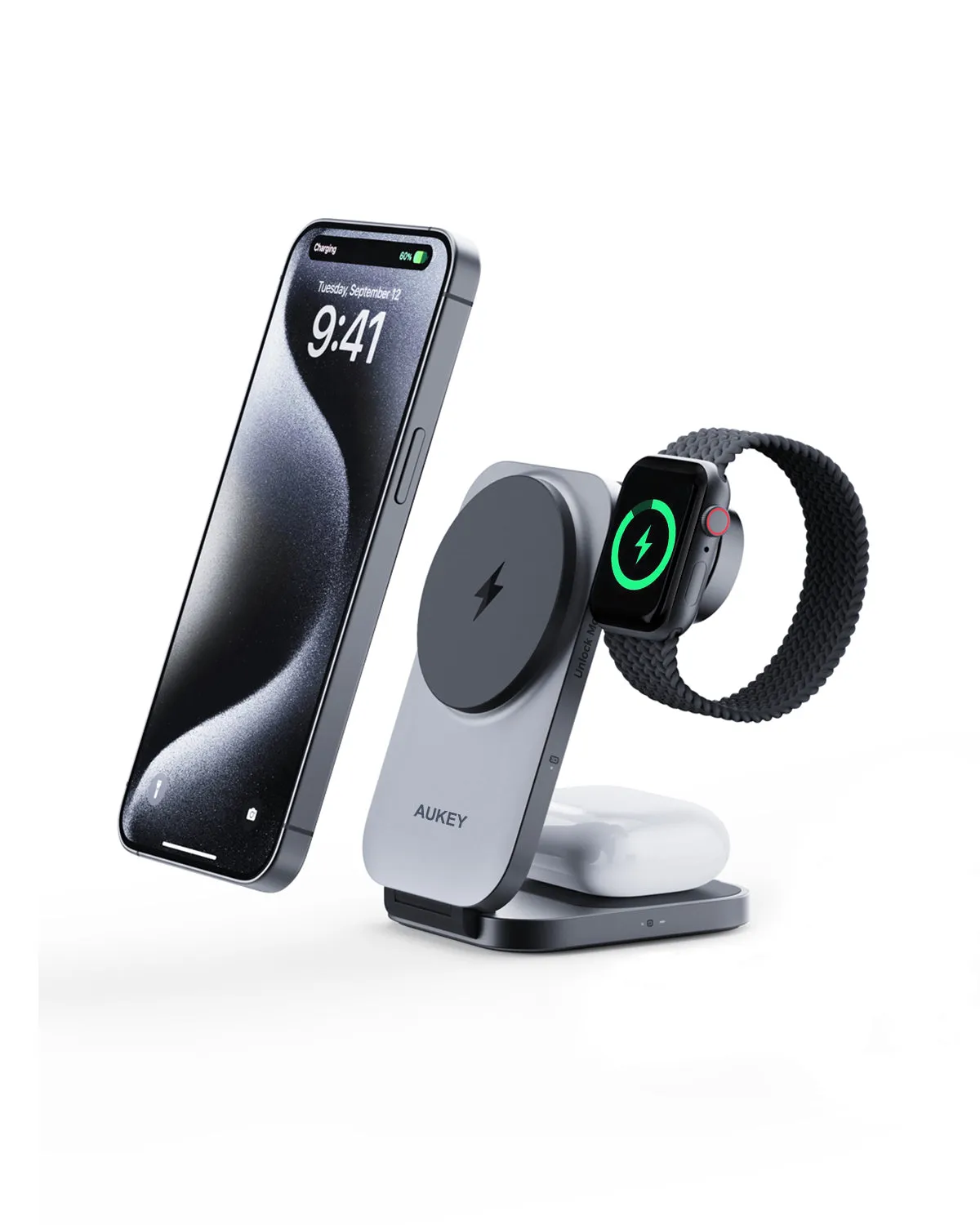 AUKEY LC-MC312 MagFusion Z Qi2 3-in-1 Foldable Magnetic Fast Wireless Charging Station