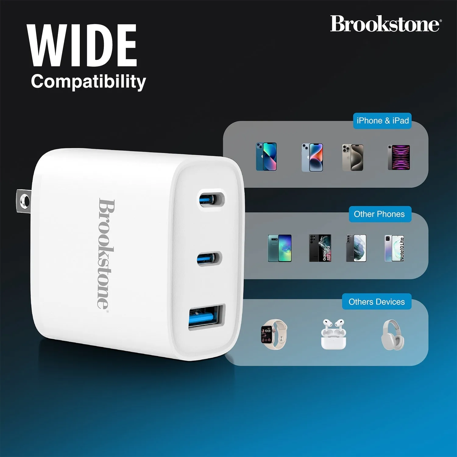 Brookstone Fast Charging Adapter With 3 USB Port, 2 USB Type C And 1 USB A 40W Wall Charger For Apple and Android Phones