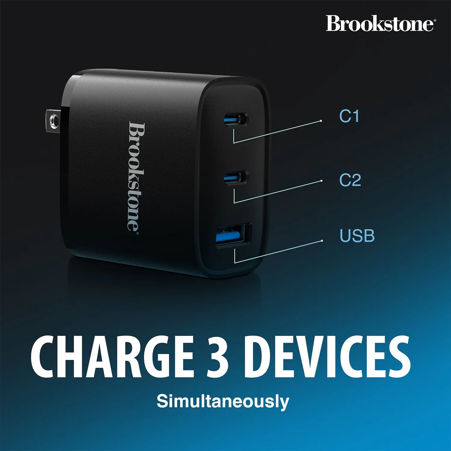 Brookstone Fast Charging Adapter With 3 USB Port, 2 USB Type C And 1 USB A 40W Wall Charger For Apple and Android Phones