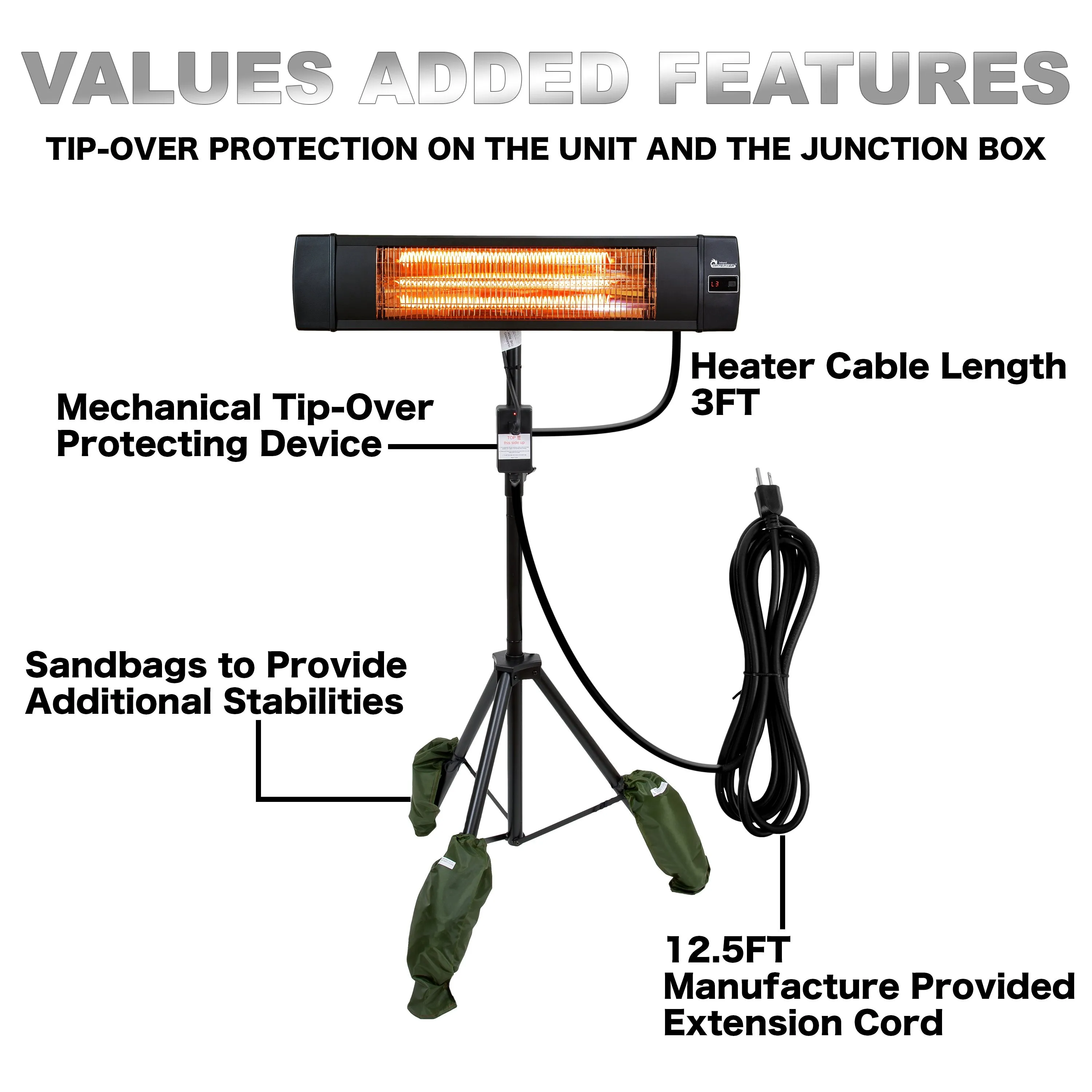 Dr. Infrared Heater DR-338, 1500W carbon infrared heater indoor outdoor portable tripod mount patio garage also wall or ceiling Mount with remote, black