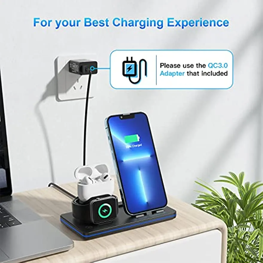 DUMTERR 3 in 1 Charging Station for Apple Products, Portable Charging Dock for iPhone and Airpods Series, Wireless Charging Stand for iWatch 7/6/SE/5/4/3/2, with 18W Adapter