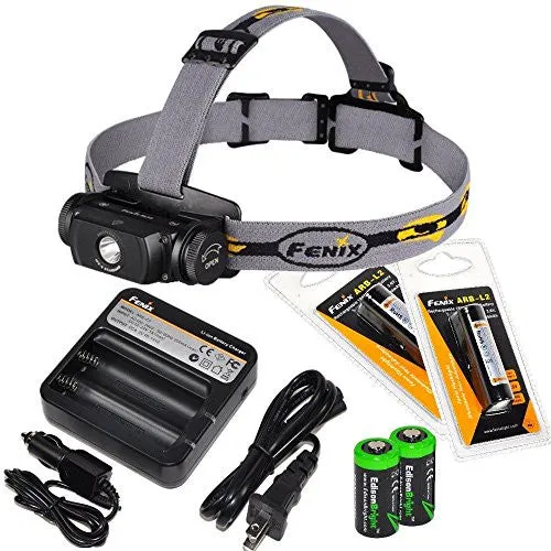 Fenix HL55 900 Lumen CREE XM-L2 T6 LED Headlamp with Fenix ARE-C1 battery charger, 2 X Fenix 18650 ARB-L2 rechargeable batteries and two EdisonBright CR123A Lithium batteries bundle