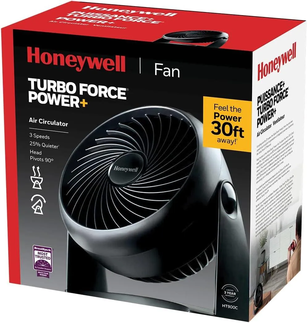 Honeywell HT900C 7" TurboForce® POWER  Desk/Table Fan, Air Circulator for Small Bedroom, Portable, Wall Mountable, Energy Saving, 3 Speeds, Black