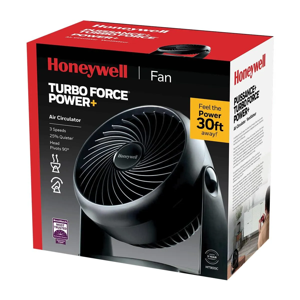 Honeywell HT900C 7" TurboForce® POWER  Desk/Table Fan, Air Circulator for Small Bedroom, Portable, Wall Mountable, Energy Saving, 3 Speeds, Black