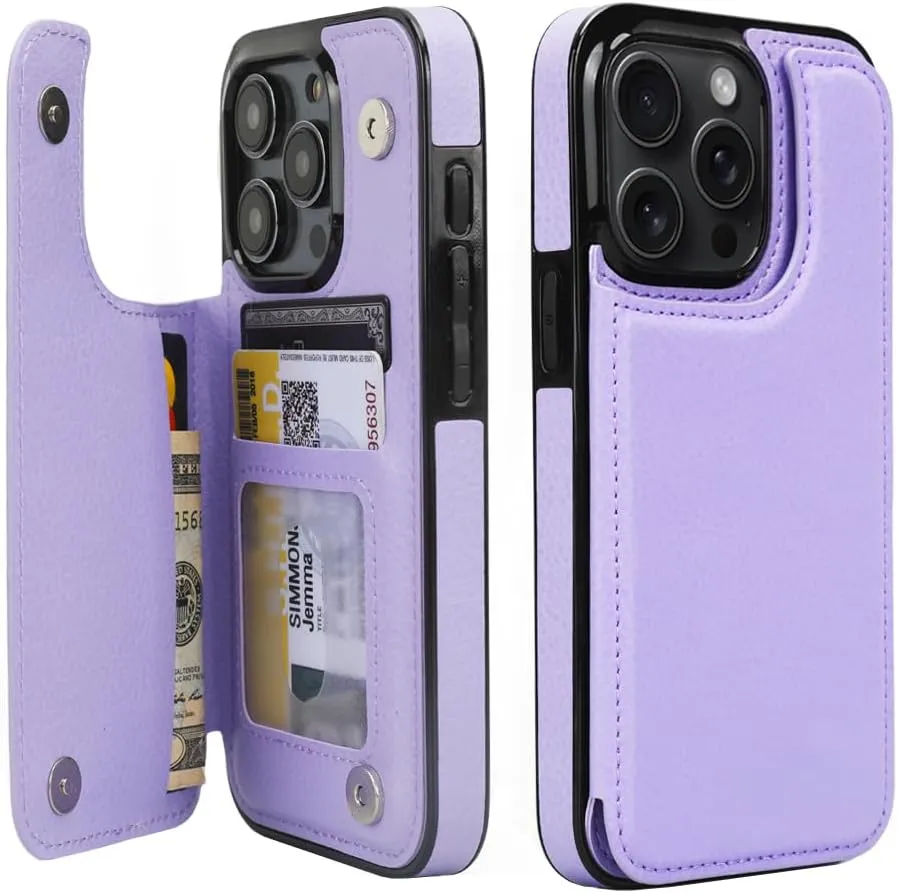 iPhone 15 Plus Wallet Case Card Holder Slot Folio Flip PU Leather Kickstand Double Magnetic Clasp