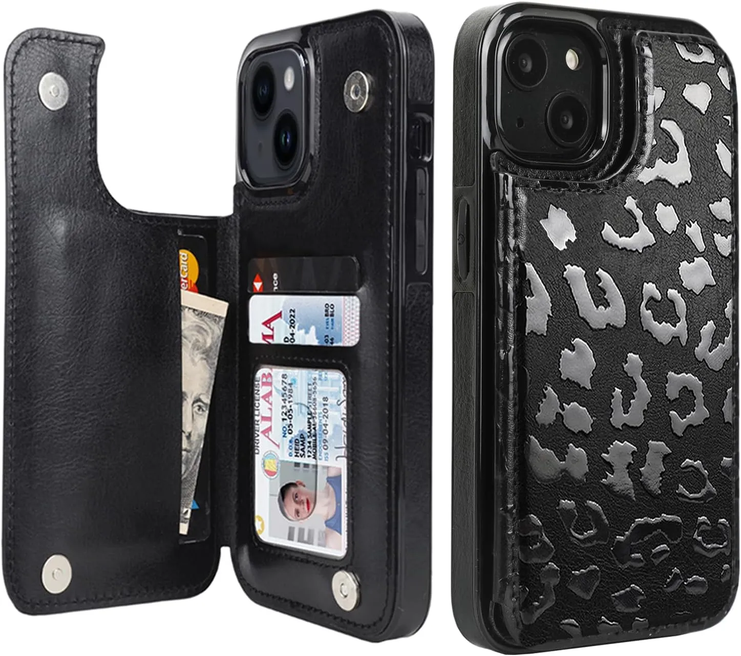 iPhone 15 Plus Wallet Case Card Holder Slot Folio Flip PU Leather Kickstand Double Magnetic Clasp