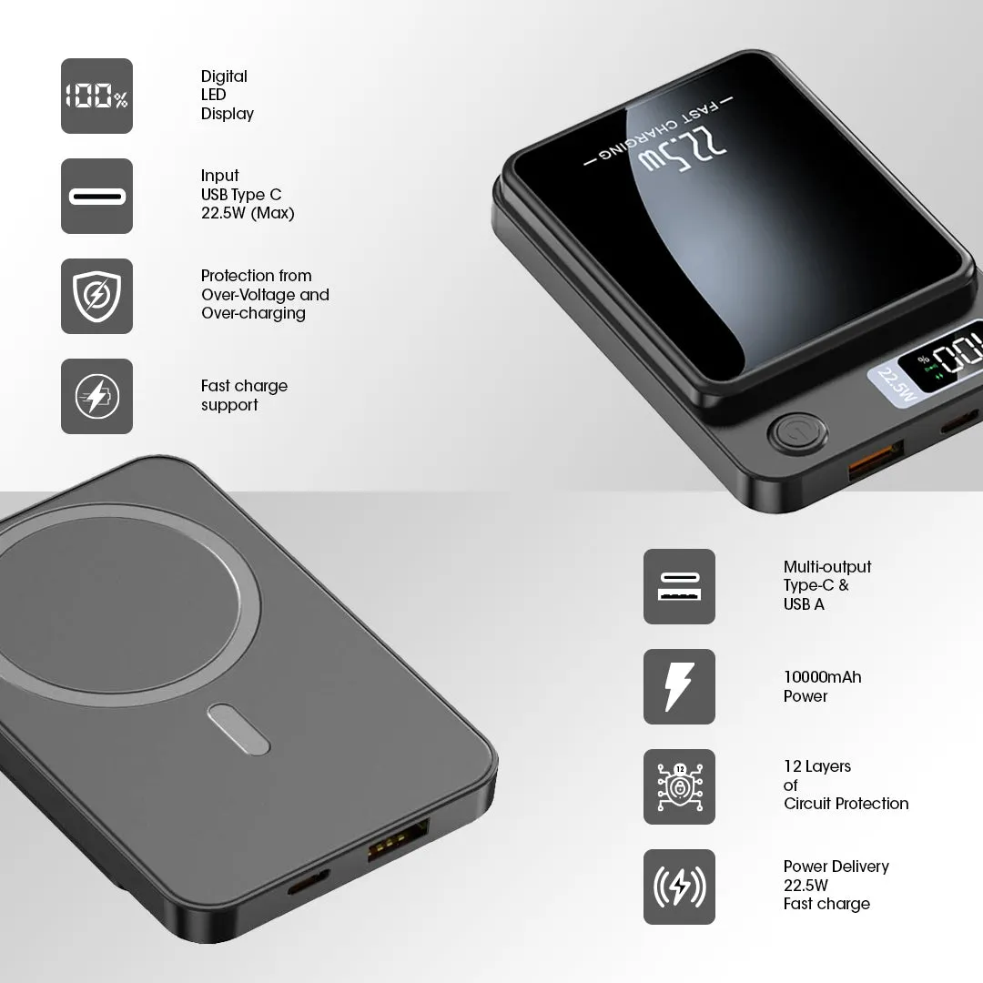 Kivart Fuel | 10000mAh Magsafe Powerbank | 22.5w Output | Type C Input/Output Pass Through Charging | Wireless Charging | Lithium Polymer Battery