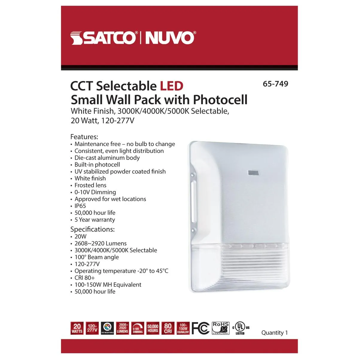 LED Small Wall Pack; 20W; CCT Selectable 3K/4K/5K; White Finish; 100-277V