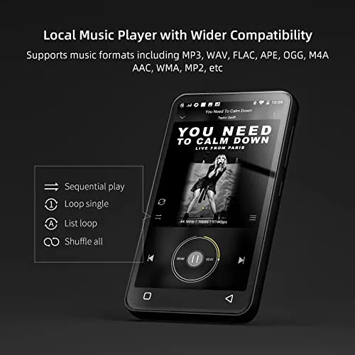 MP3 Player with Bluetooth and WiFi, 4" Full Touch Screen MP4 MP3 Player with Spotify, Android Streaming Music Player with Pandora, Portable HiFi Sound Walkman Digital Audio Player with Speaker (Black)