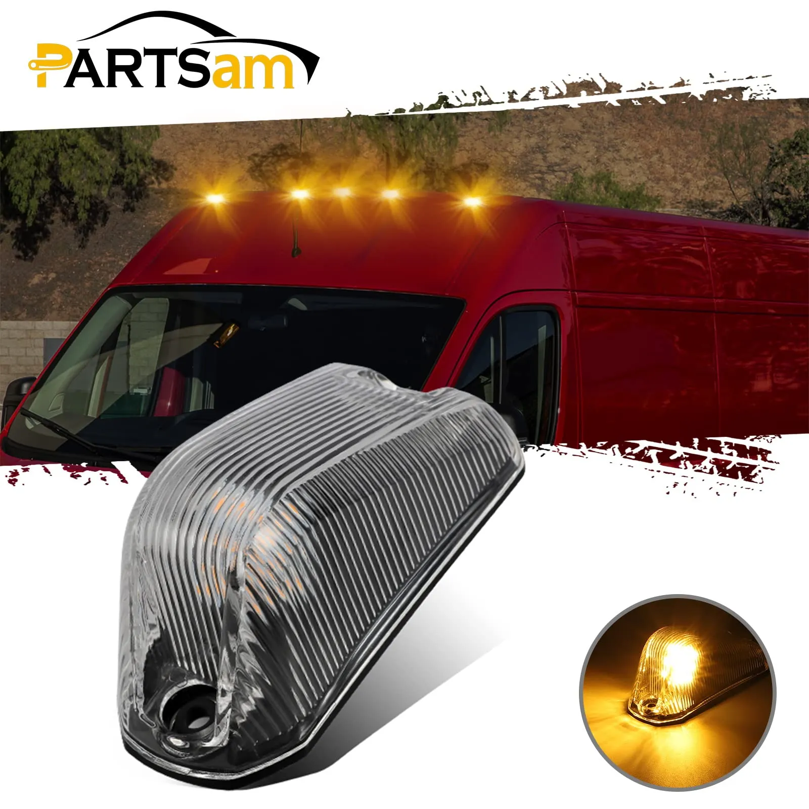 Partsam 5Pcs Smoke Roof Cab Marker Lights Lens with Amber LED Lights Replacement Ram ProMaster 2014 2015 2016 2017